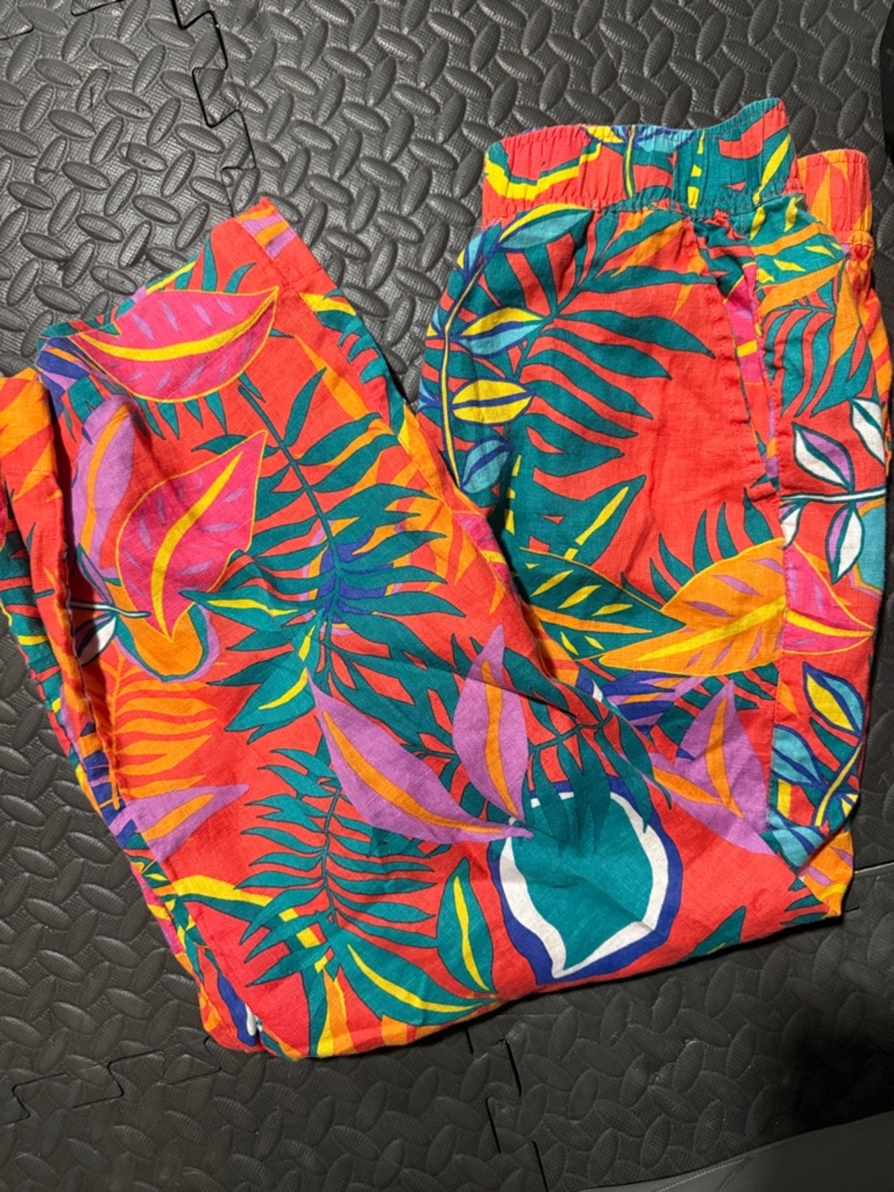 Vibrant Tropical Print Linen Pants - Bright Red Multi